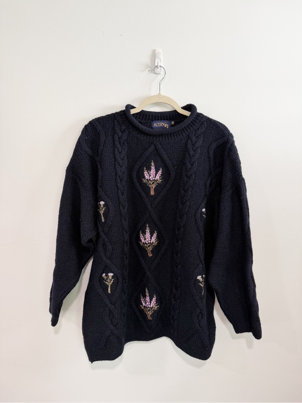 Vintage ACORN Embroidered Floral Cable Knit Sweater Navy Blue Cottagecore XL